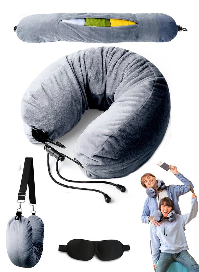 Stuffable Neck Pillow for Travel, Adjustable U-shapes, Extra Luggage Storage Ideal 1-3 Days Travel Essentials, 3D Eye Mask Included, Grey - Image 1