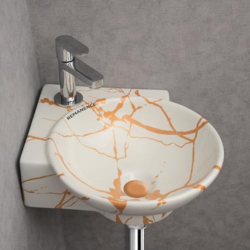 REMANENCE Wall Mounted Wash Basin for Bathroom | Ceramic Wash Basin Wall Hung Small Corner Wash Basin/Sink (16.3 x 13.8 x 4.3 Inch) (White Gold Jelly) - Image 1