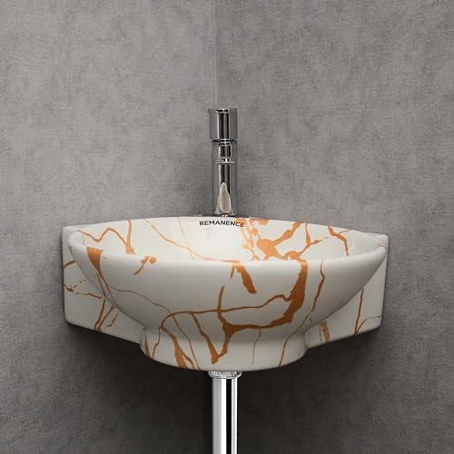 REMANENCE Wall Mounted Wash Basin for Bathroom | Ceramic Wash Basin Wall Hung Small Corner Wash Basin/Sink (16.3 x 13.8 x 4.3 Inch) (White Gold Jelly) - Image 3