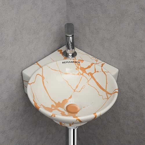 REMANENCE Wall Mounted Wash Basin for Bathroom | Ceramic Wash Basin Wall Hung Small Corner Wash Basin/Sink (16.3 x 13.8 x 4.3 Inch) (White Gold Jelly) - Image 4