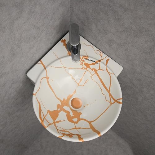 REMANENCE Wall Mounted Wash Basin for Bathroom | Ceramic Wash Basin Wall Hung Small Corner Wash Basin/Sink (16.3 x 13.8 x 4.3 Inch) (White Gold Jelly) - Image 2