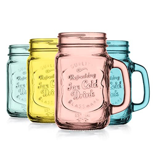 Glaver's Mason Jar Drinking Glasses Set Of 4, 15 oz. Colored Mugs With Embossed Ice-Cold Drinkware Logo, Glass Mason Jar Mug With Handle. For Smoothies, Cocktails, Beverages. Hand Wash - Image 1