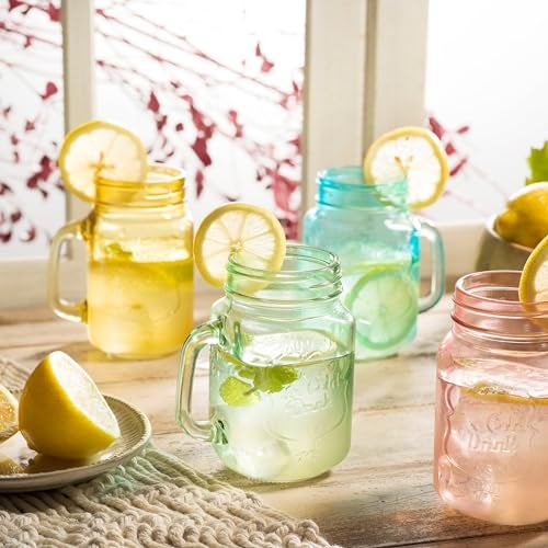 Glaver's Mason Jar Drinking Glasses Set Of 4, 15 oz. Colored Mugs With Embossed Ice-Cold Drinkware Logo, Glass Mason Jar Mug With Handle. For Smoothies, Cocktails, Beverages. Hand Wash - Image 2