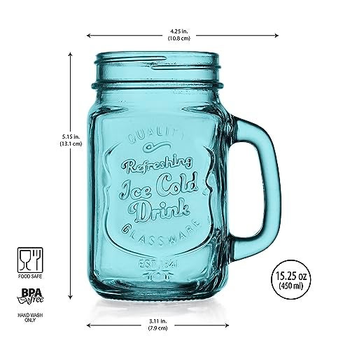 Glaver's Mason Jar Drinking Glasses Set Of 4, 15 oz. Colored Mugs With Embossed Ice-Cold Drinkware Logo, Glass Mason Jar Mug With Handle. For Smoothies, Cocktails, Beverages. Hand Wash - Image 3