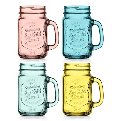Glaver's Mason Jar Drinking Glasses Set Of 4, 15 oz. Colored Mugs With Embossed Ice-Cold Drinkware Logo, Glass Mason Jar Mug With Handle. For Smoothies, Cocktails, Beverages. Hand Wash - Image 5