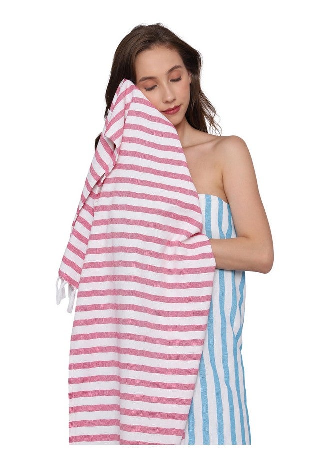 PATVY Bath Towels Light Weight Turkish Style Stripe Bath Towels For Men Large Size Cotton|70X150Cm Quick Absorption &Faster Drying Bath Towel For Women|100% Cotton Pack Of 2, Rose & Teal Blue, 140 TC - Image 2