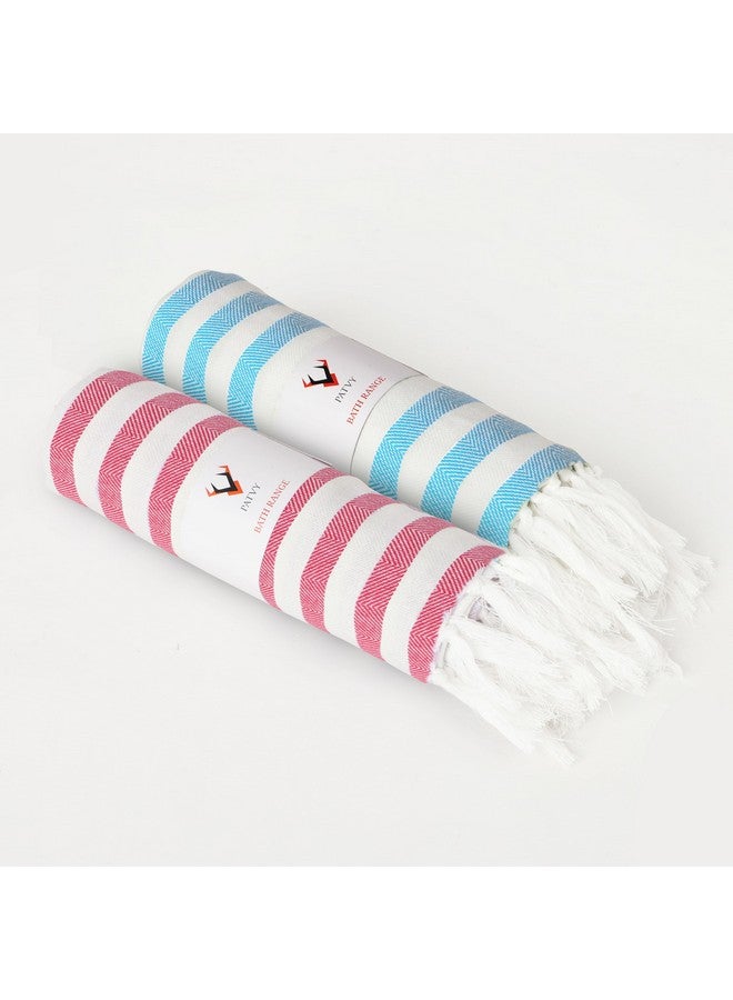 PATVY Bath Towels Light Weight Turkish Style Stripe Bath Towels For Men Large Size Cotton|70X150Cm Quick Absorption &Faster Drying Bath Towel For Women|100% Cotton Pack Of 2, Rose & Teal Blue, 140 TC - Image 1
