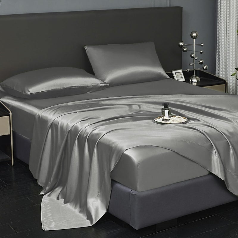 Revdomfly Luxury Silky Soft Black Satin Bed Sheet Set, Bedsheet (Gray, Queen) - Image 2
