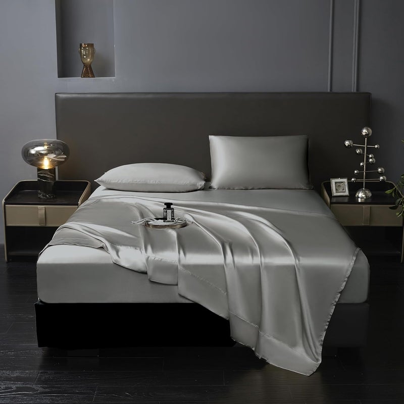 Revdomfly Luxury Silky Soft Black Satin Bed Sheet Set, Bedsheet (Gray, Queen) - Image 1