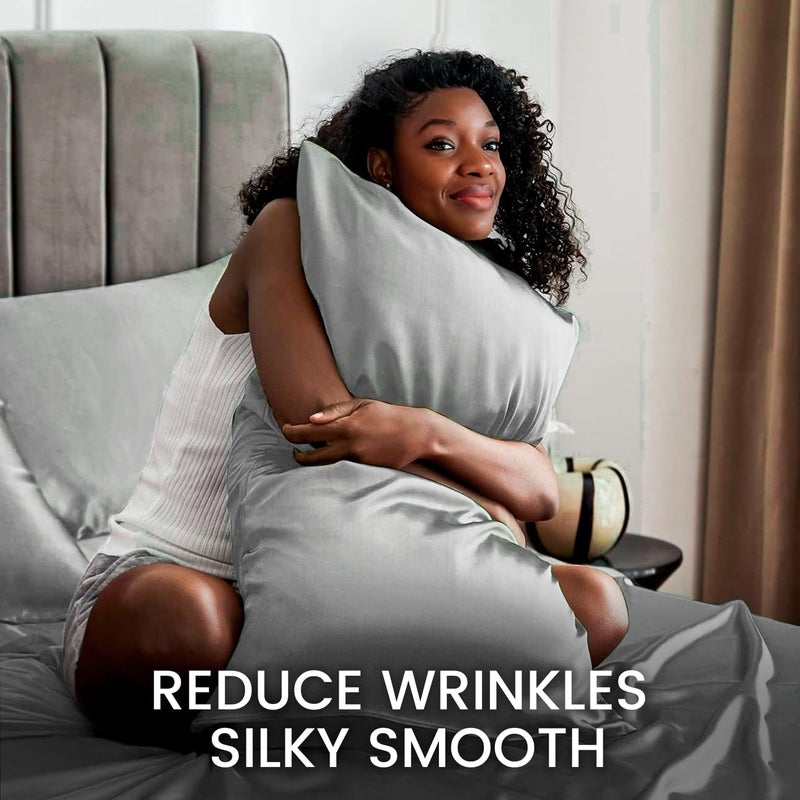 Revdomfly Luxury Silky Soft Black Satin Bed Sheet Set, Bedsheet (Gray, Queen) - Image 4