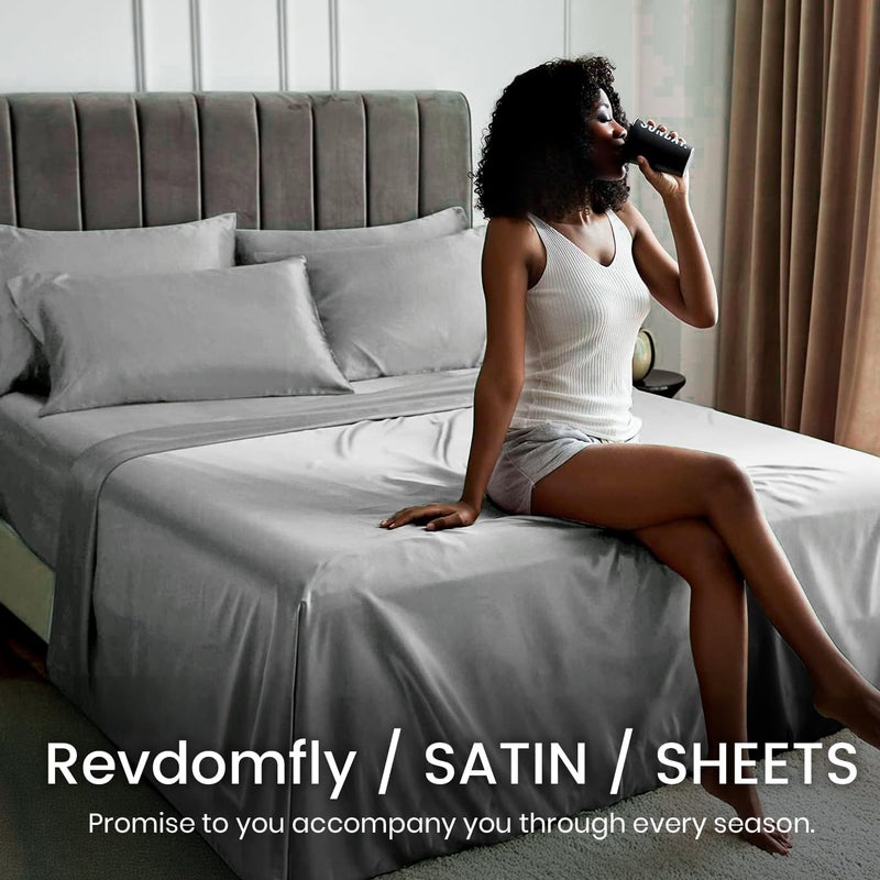 Revdomfly Luxury Silky Soft Black Satin Bed Sheet Set, Bedsheet (Gray, Queen) - Image 3