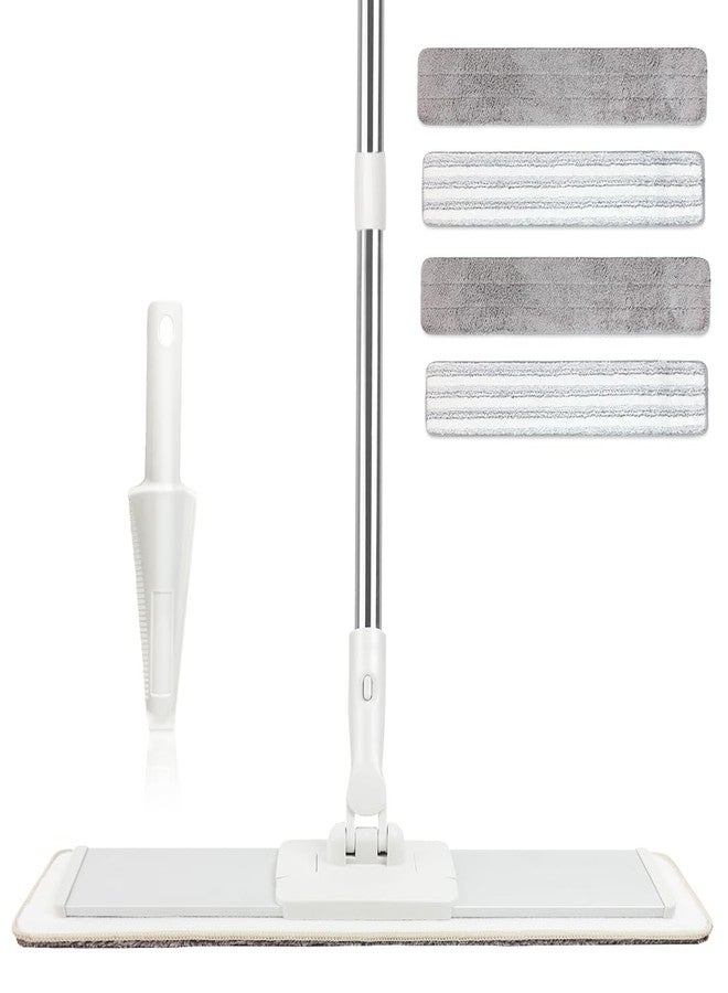 CQT Commercial Flat Microfiber Floor Mop Cleaning System 20" Inch Wet Dry and Dust Hardwood with 4 Washable Pads Cleaner for Laminate Tile Stainless Steel Handle and Extension (White) - Image 1