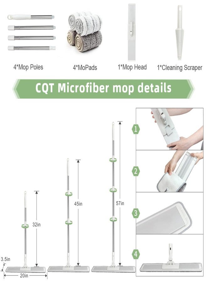 CQT Commercial Flat Microfiber Floor Mop Cleaning System 20" Inch Wet Dry and Dust Hardwood with 4 Washable Pads Cleaner for Laminate Tile Stainless Steel Handle and Extension (White) - Image 2