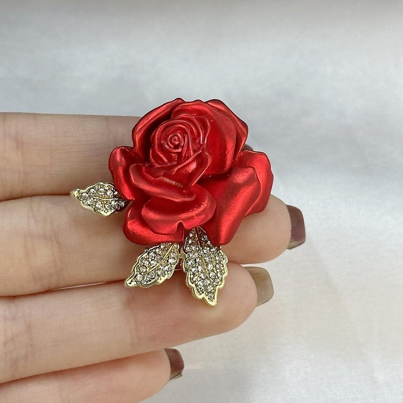 Dtja Enamel Rose Flower Brooch Pin for Women Girls Gold Plated Elegant Crystal Red Creative 3D Floral Dainty Dress Accessories Holiday Halloween Birthday Jewelry - Image 5