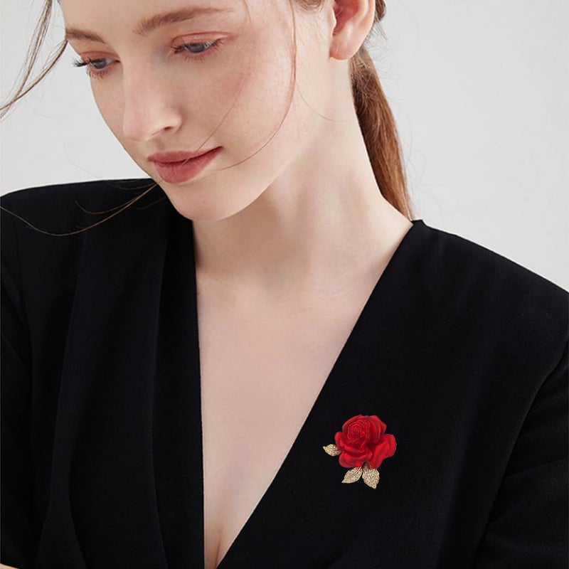 Dtja Enamel Rose Flower Brooch Pin for Women Girls Gold Plated Elegant Crystal Red Creative 3D Floral Dainty Dress Accessories Holiday Halloween Birthday Jewelry - Image 3