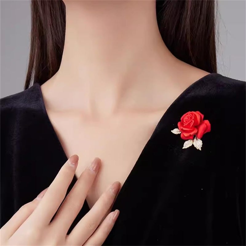 Dtja Enamel Rose Flower Brooch Pin for Women Girls Gold Plated Elegant Crystal Red Creative 3D Floral Dainty Dress Accessories Holiday Halloween Birthday Jewelry - Image 2