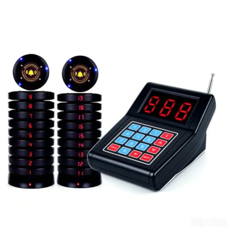 Restaurant Pager System Queue Number Call Coaster Pager Wireless Paging System Calling System Portable Rechargable Restaurant Buzzers with Numeric Keypad Transmitter 20 Pagers+1 Caller Wireless Paging, Queue Number Call, Coaster Buzzers, Waiter Service, Calling System - Image 1