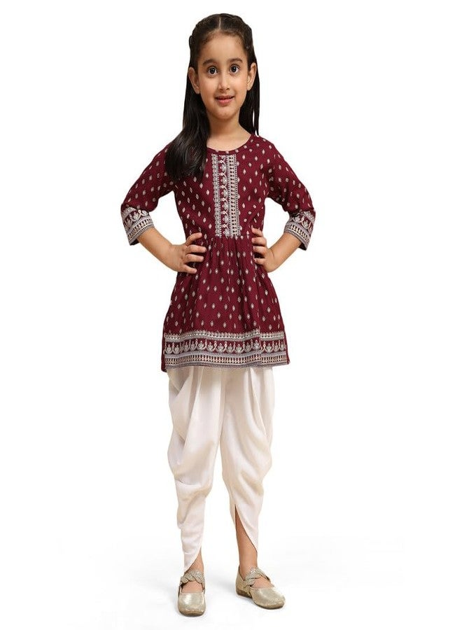 PAVITRA طقم كورتا شراة مزخرف بالأزهار من القطن للفتيات بتصميم أنيق مناسب للأطفال، مثالي لجميع المناسبات، لون مارون 5-6 سنوات - Image 1