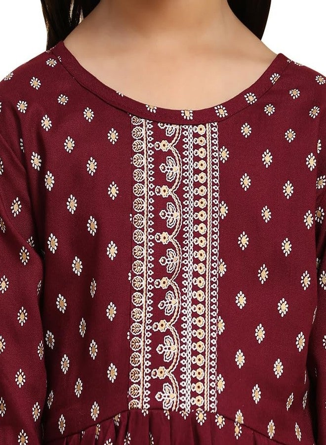 PAVITRA طقم كورتا شراة مزخرف بالأزهار من القطن للفتيات بتصميم أنيق مناسب للأطفال، مثالي لجميع المناسبات، لون مارون 5-6 سنوات - Image 4