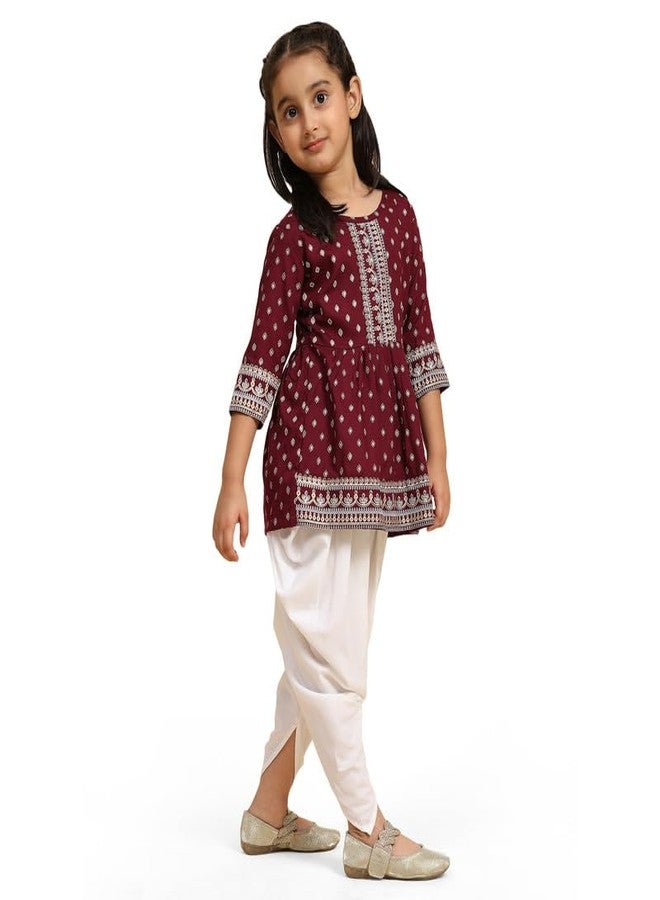 PAVITRA طقم كورتا شراة مزخرف بالأزهار من القطن للفتيات بتصميم أنيق مناسب للأطفال، مثالي لجميع المناسبات، لون مارون 5-6 سنوات - Image 5