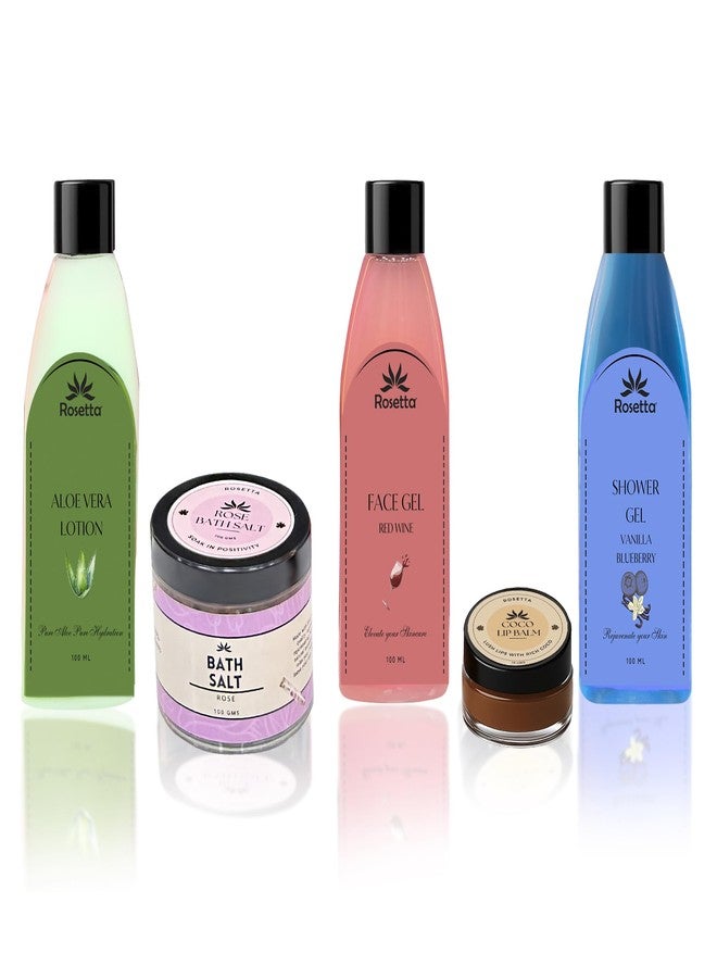Rosetta Premium Skincare Gift Combo with Tote Bag - Shower Gel, Aloe Vera Lotion, Red Wine Face Gel, Rose Bath Salt, Cocoa Lip Balm - 5-in-1 Pampering Set for Women -Wine Red - Image 3