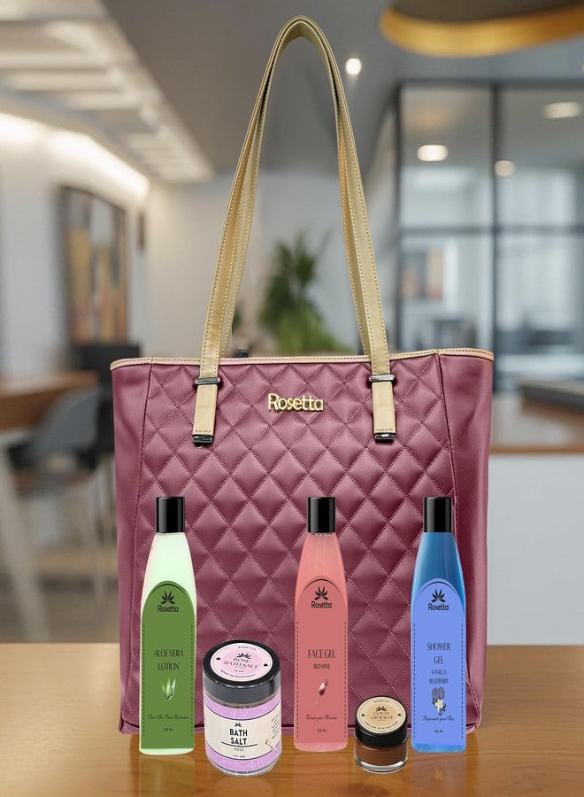 Rosetta Premium Skincare Gift Combo with Tote Bag - Shower Gel, Aloe Vera Lotion, Red Wine Face Gel, Rose Bath Salt, Cocoa Lip Balm - 5-in-1 Pampering Set for Women -Wine Red - Image 1