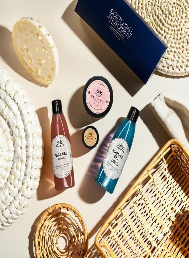 Rosetta Premium Skincare Gift Combo with Tote Bag - Shower Gel, Aloe Vera Lotion, Red Wine Face Gel, Rose Bath Salt, Cocoa Lip Balm - 5-in-1 Pampering Set for Women -Wine Red - Image 2