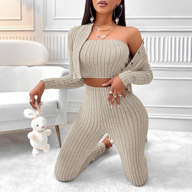 S392 knitted dress 2024 autumn and winter new European and American solid color knitted long sleeve three suit Military green - Image 2