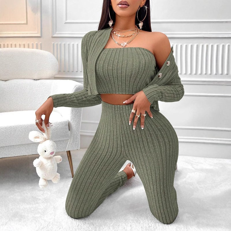 S392 knitted dress 2024 autumn and winter new European and American solid color knitted long sleeve three suit Military green - Image 1