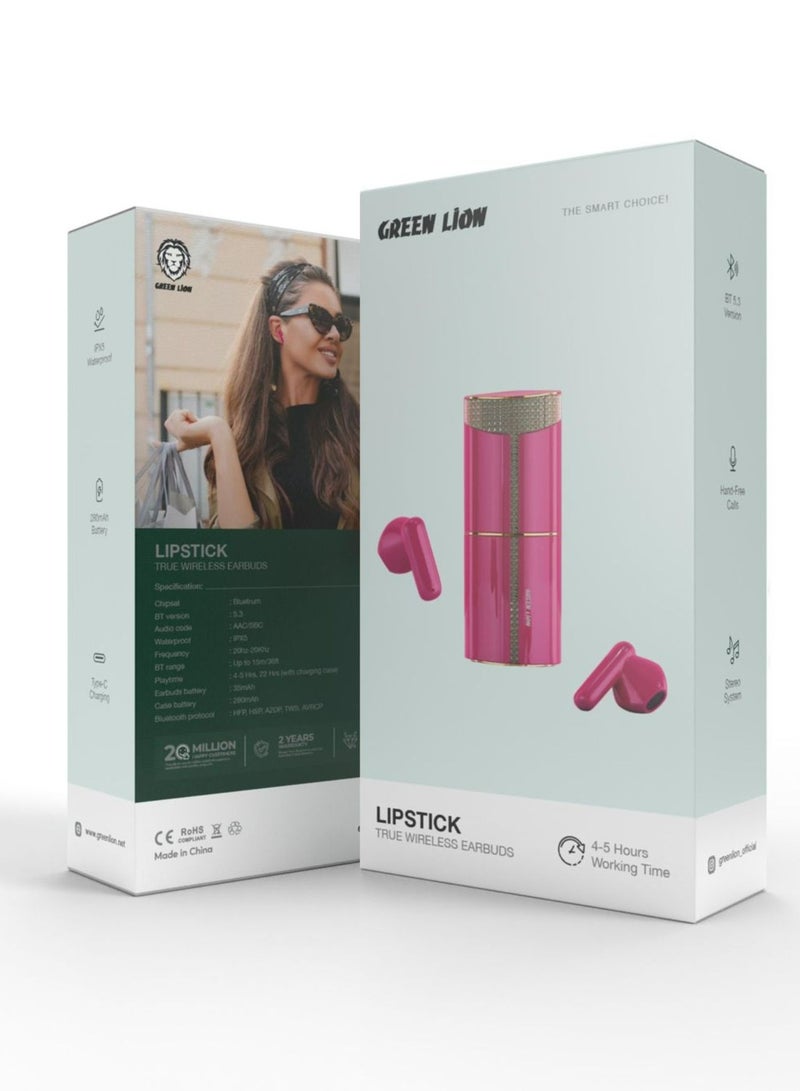 GREEN LION Lipstick True Wireless Earbuds, 4-5 Hours Playtime, 280 mAh Case Battery, Up to 15 m Bluetooth Range, BT Version 5.3, Stereo System - Pink  - Image 2