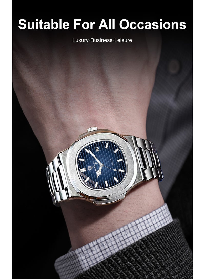جوهوس ساعة رجالية تناظرية للأعمال - فولاذ مقاوم للصدأ، مقاومة للماء حتى 3ATM، عرض التاريخ، ساعة يد زرقاء 43 مم - Image 4
