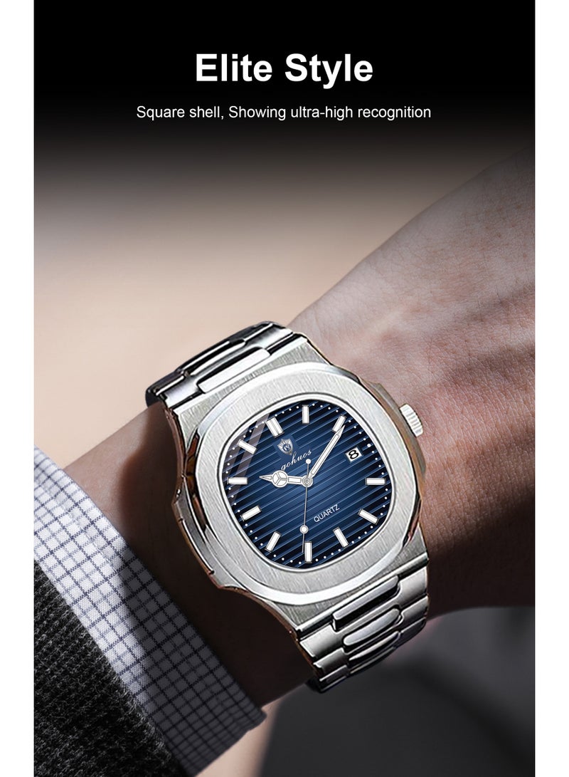 جوهوس ساعة رجالية تناظرية للأعمال - فولاذ مقاوم للصدأ، مقاومة للماء حتى 3ATM، عرض التاريخ، ساعة يد زرقاء 43 مم - Image 2