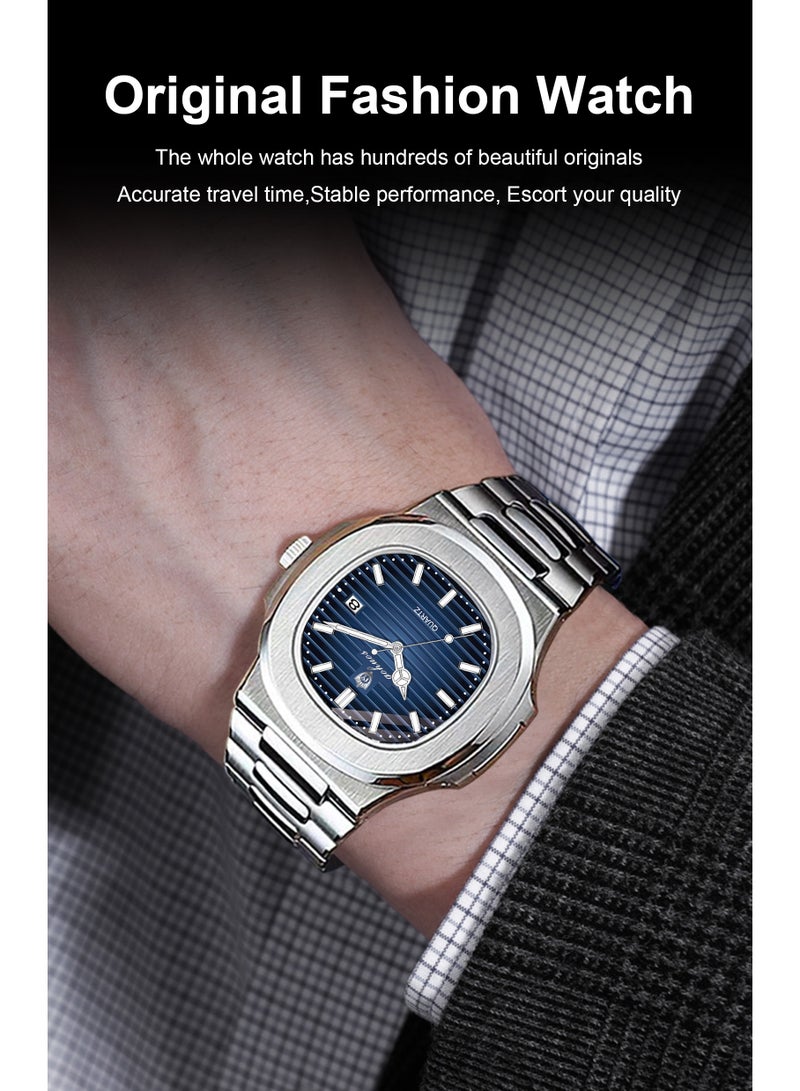 جوهوس ساعة رجالية تناظرية للأعمال - فولاذ مقاوم للصدأ، مقاومة للماء حتى 3ATM، عرض التاريخ، ساعة يد زرقاء 43 مم - Image 3