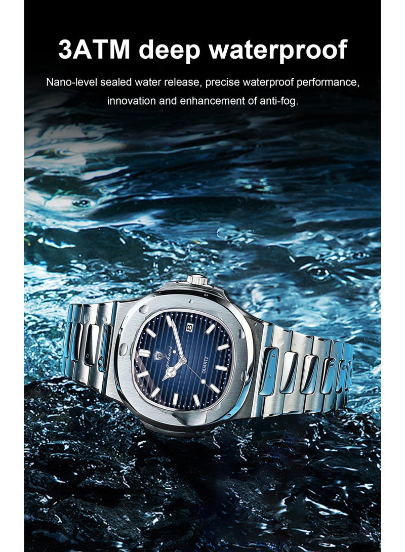 جوهوس ساعة رجالية تناظرية للأعمال - فولاذ مقاوم للصدأ، مقاومة للماء حتى 3ATM، عرض التاريخ، ساعة يد زرقاء 43 مم - Image 5