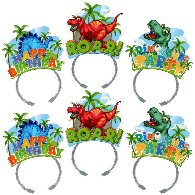 KKBES 12 Pieces Happy Birthday Headbands, Dinosaur Party Hats, Dinosaurs Hats for Kids, Dino Headband, 3 Patterns - Image 1