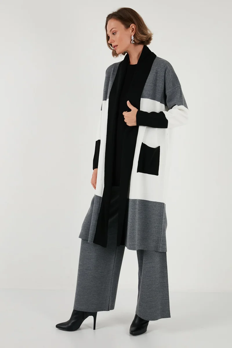 ليلا Modest Color Block Long Knitted Cardigan Women's Cardigan 4616172