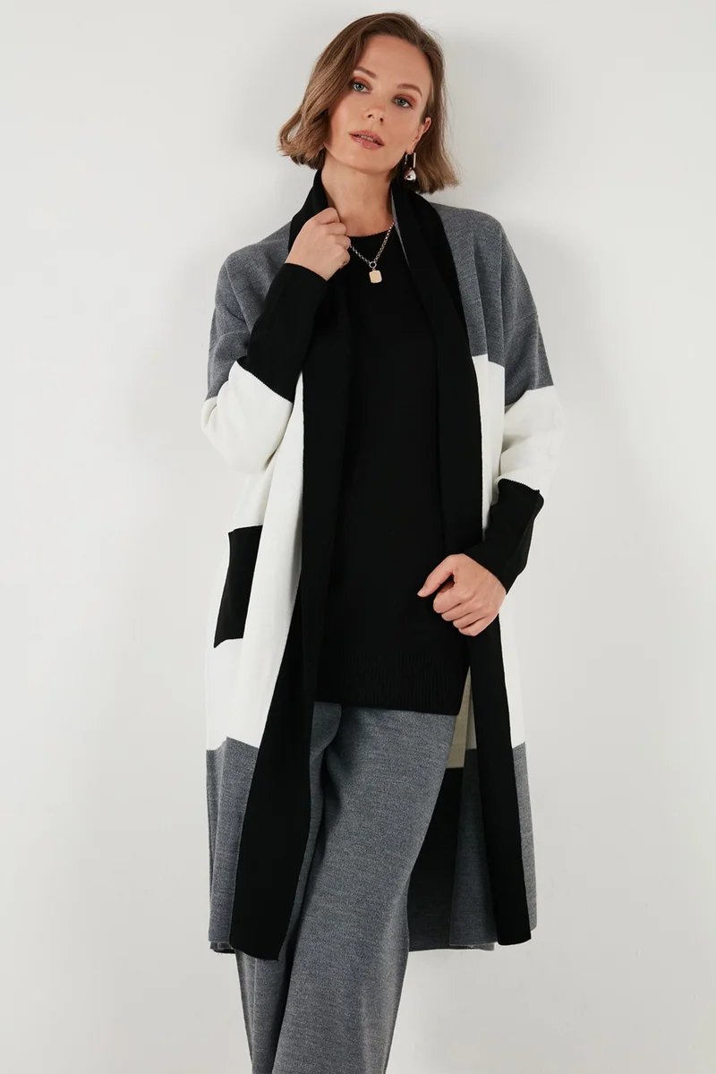 ليلا Modest Color Block Long Knitted Cardigan Women's Cardigan 4616172