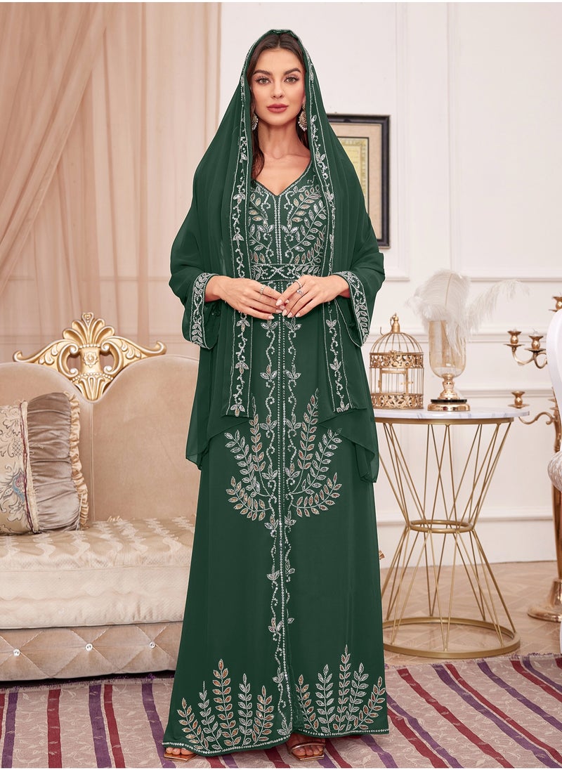 مدام يونيك إمرأة أنيق طويل كم زهرة تطريز  رداء عربي
عربيّ حزام سير ثوب  - Image 3