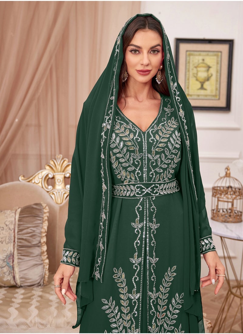 مدام يونيك إمرأة أنيق طويل كم زهرة تطريز  رداء عربي
عربيّ حزام سير ثوب  - Image 5