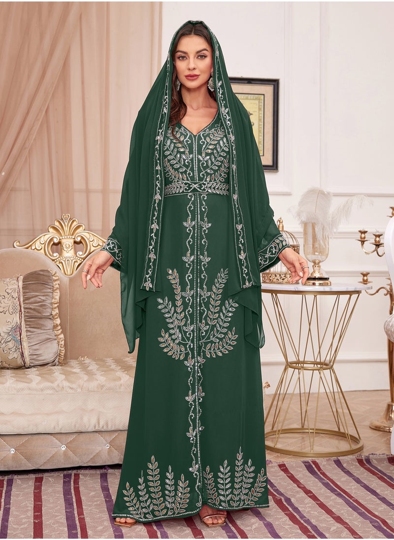 مدام يونيك إمرأة أنيق طويل كم زهرة تطريز  رداء عربي
عربيّ حزام سير ثوب  - Image 1