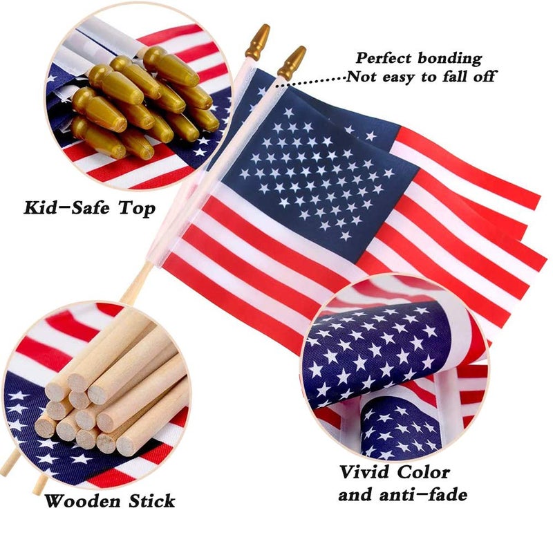 Datconect Small American Flags on Stick 5x8 Inch/30 Pack - Mini Ameirican Flags/Handheld American Wooden Stick Flag with Safe Spear Top for July 4th Decoration, Veteran Party, etc. - Image 3