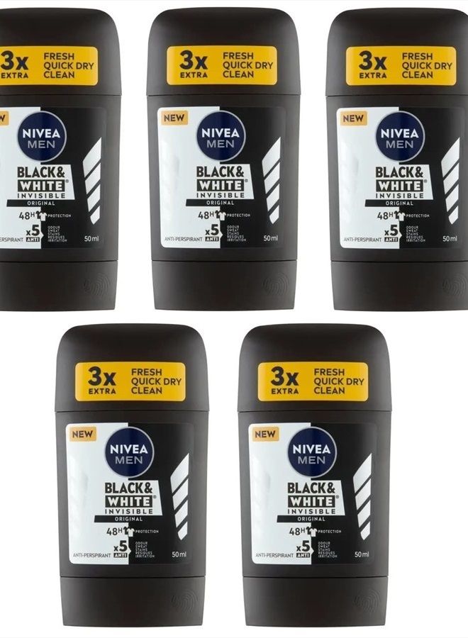 Nivea 5x Nivea Invisible Black & White Anti-perspirant Deodorant Solid Stick for Men 5x50ml (Pack of 5) - Image 3
