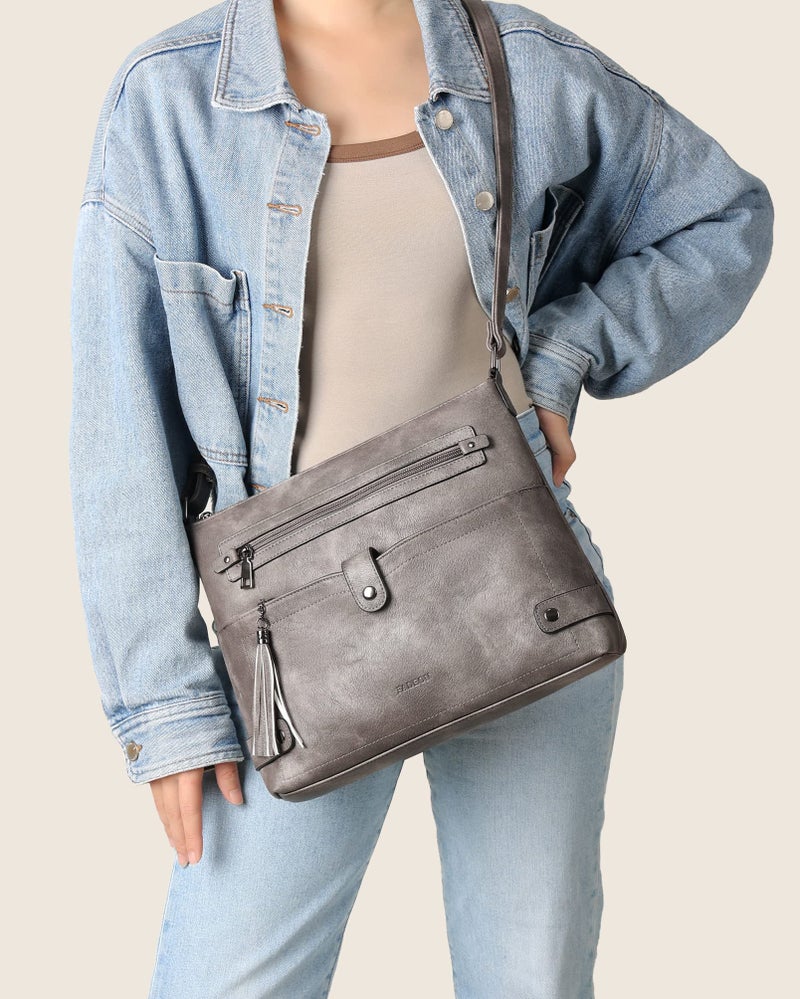 FADEON Large Crossbody Bags Purses for Women Crossbody Bag, Designer Leather Cross Body Purse Multi Pocket Shoulder Bag Grey - Image 2