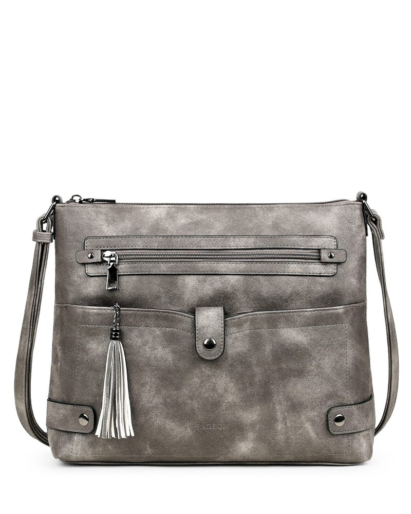 FADEON Large Crossbody Bags Purses for Women Crossbody Bag, Designer Leather Cross Body Purse Multi Pocket Shoulder Bag Grey - Image 1