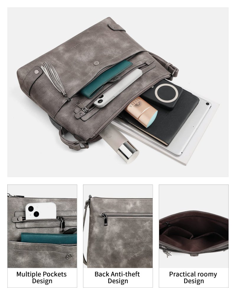 FADEON Large Crossbody Bags Purses for Women Crossbody Bag, Designer Leather Cross Body Purse Multi Pocket Shoulder Bag Grey - Image 4