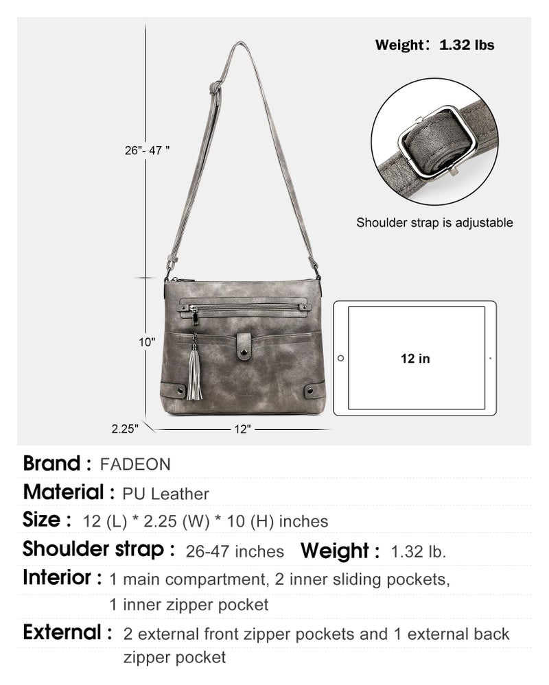 FADEON Large Crossbody Bags Purses for Women Crossbody Bag, Designer Leather Cross Body Purse Multi Pocket Shoulder Bag Grey - Image 5