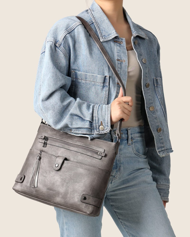 FADEON Large Crossbody Bags Purses for Women Crossbody Bag, Designer Leather Cross Body Purse Multi Pocket Shoulder Bag Grey - Image 3