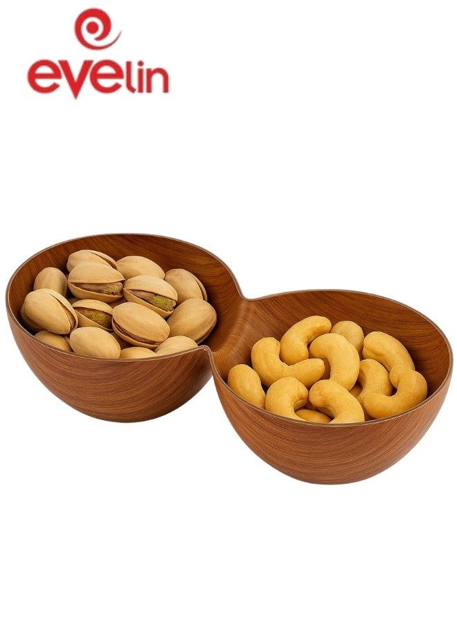 Evelin Double Layer Wooden Plastic Serving Bowl Divided Platter for Nuts and Snacks Wooden Serving Bowl for Nuts, Snacks and Sauces 25*12.5*7cm (Shatterproof) - Image 1