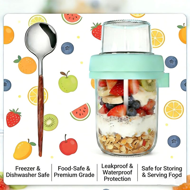 PFUM Overnight Oats Jars with Spoon and Lid 16+4 oz [4 Pack], Airtight Oatmeal Container with Leak-proof Meal Prep Containers Dry and Wet Separation Mason Jars with Lid for Cereal - Image 2