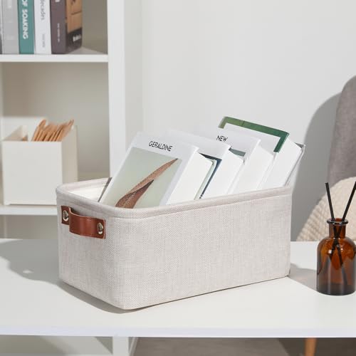 DULLEMELO Small Storage Basket for Shelves, Small Fabric Collapsible Rectangular Storage Bin for Shelves, Closets, Nursery, Home, Office, Empty Gift Basket (Beige) - Image 5